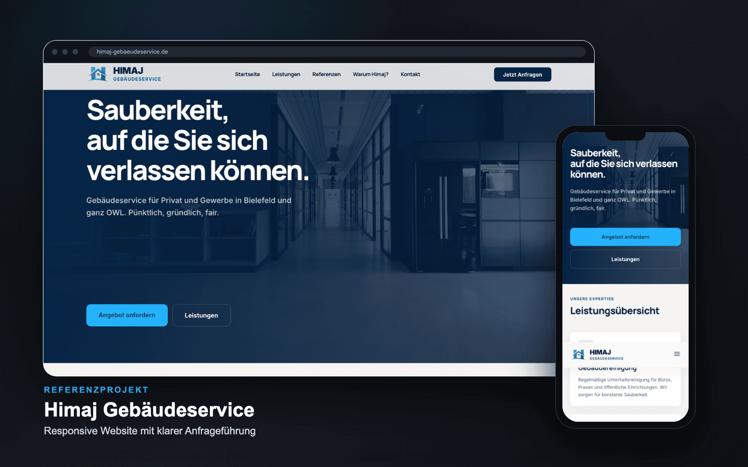 Screenshot der Himaj Gebäudeservice Website im responsiven Mockup