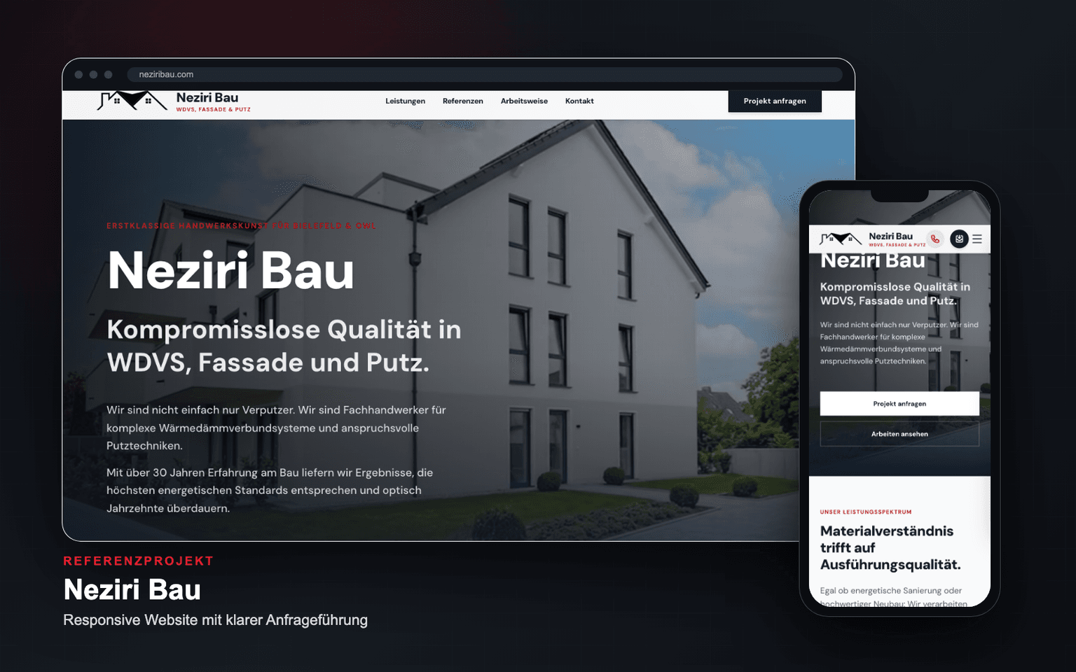 Screenshot der Neziri Bau Website im Desktop- und Mobile-Mockup